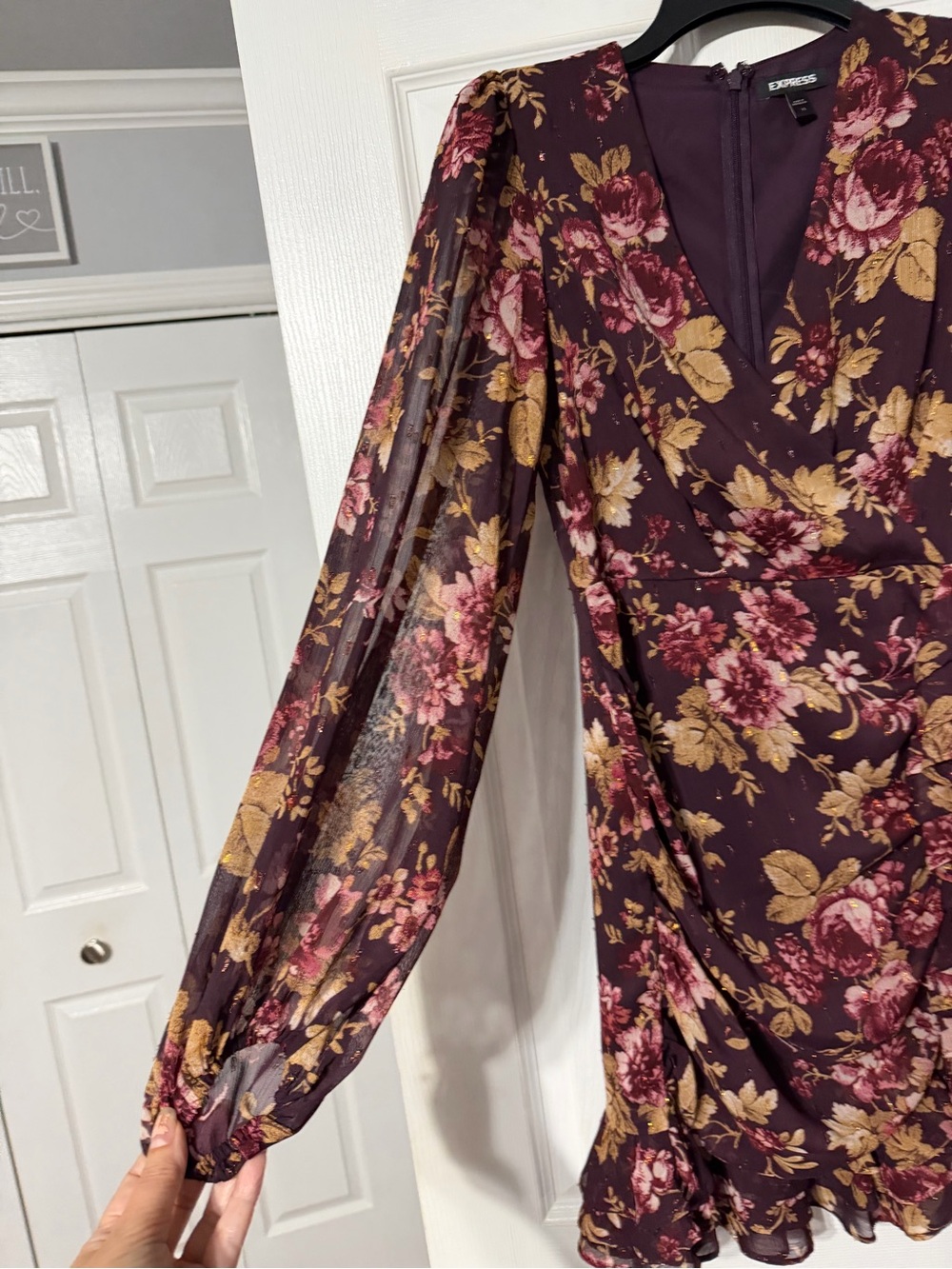 Express Burgundy Floral Wrap-Style/Gathered Mini Dress - Picture 7 of 16
